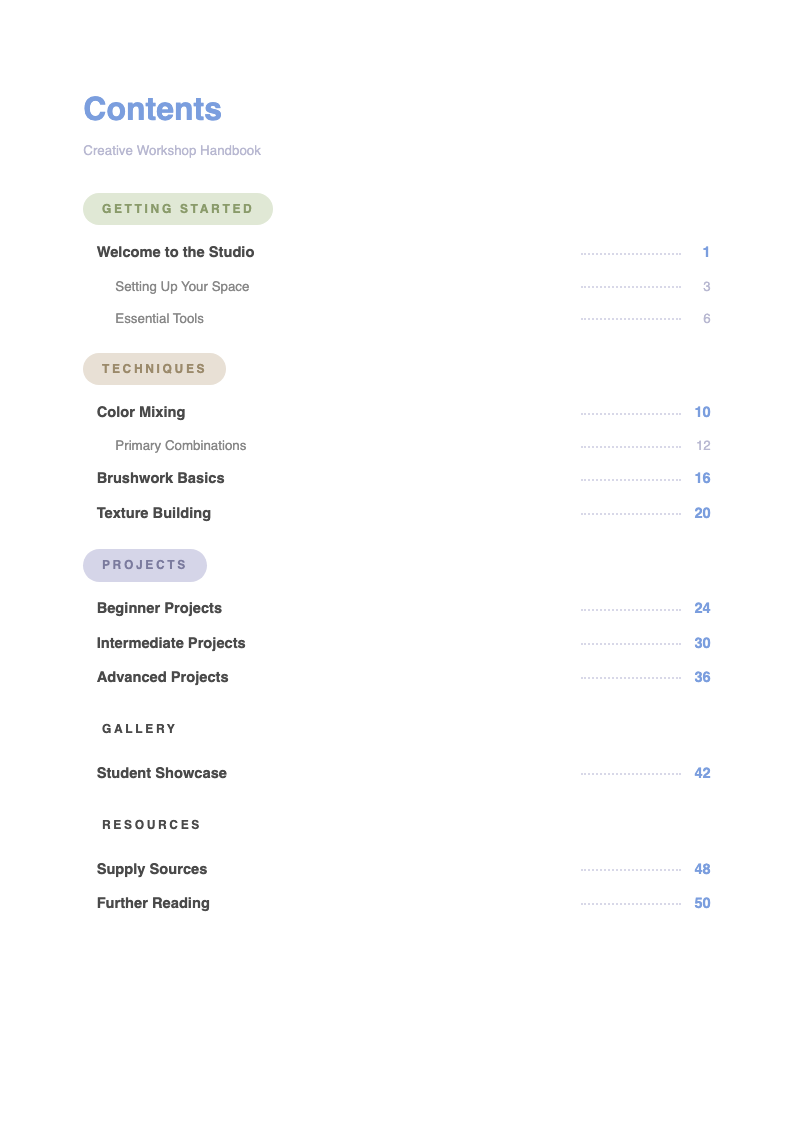 Pastel soft table of contents
